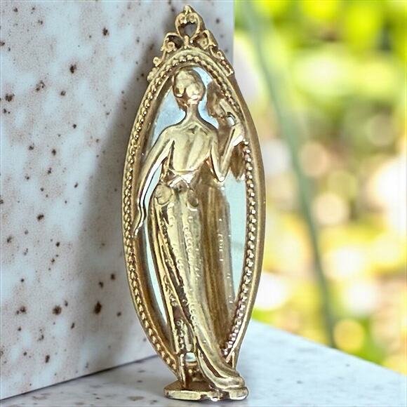 Vintage Lady Woman In Mirror Brooch Gold Tone Pin Oval Glamour Art Deco Nouveau - Picture 1 of 6